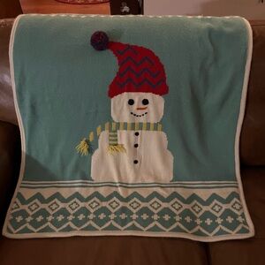 Pottery Barn Kids Snowman Holiday Throw Blanket - green and Red guc